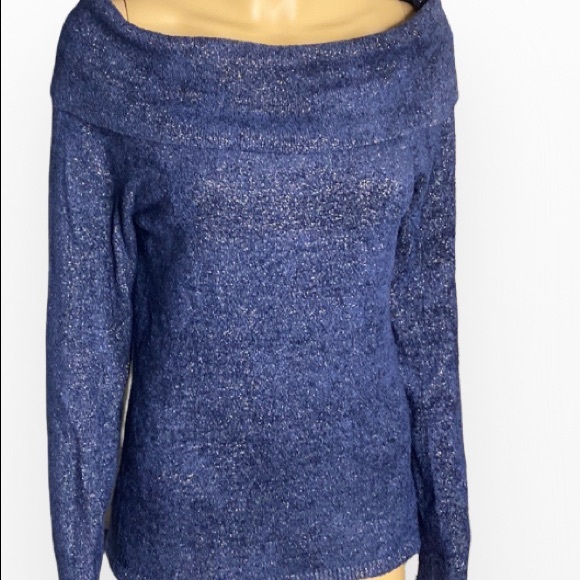 Cache Oversize Collar Navy Blue Metallic SweaterSize L - Picture 3 of 8
